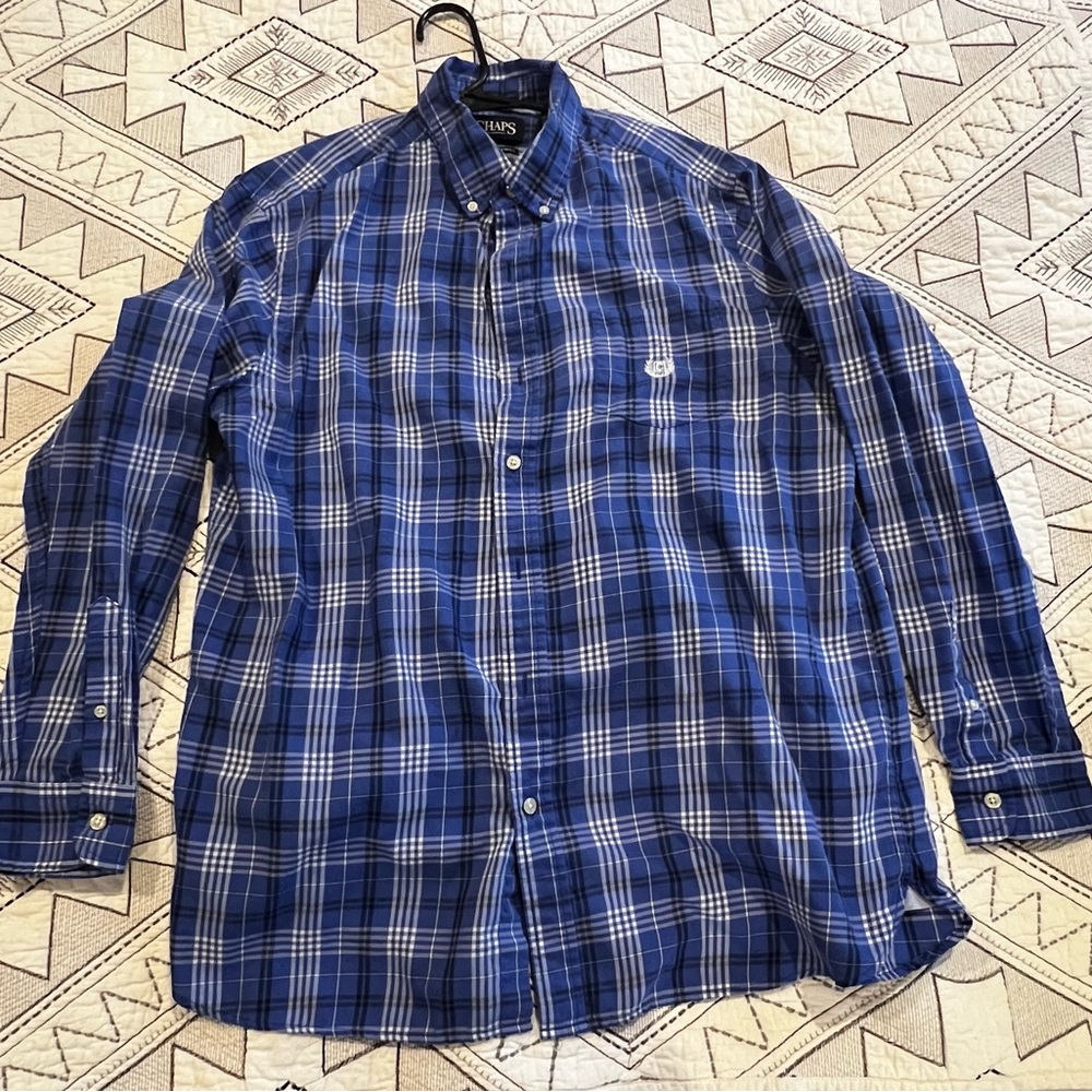 Chaps Blue and White Plaid Button Down Shirt